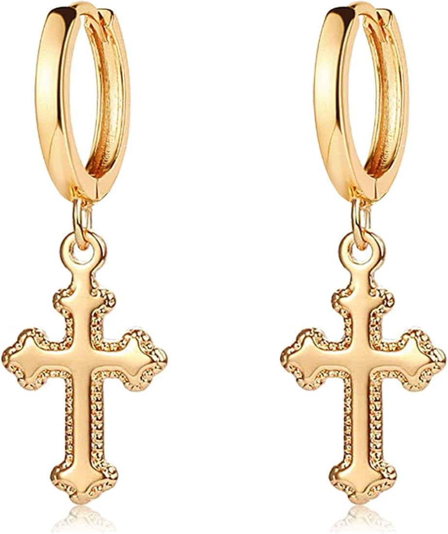 MEVECCO Tiny Cross Hoop Earrings 14K Gold Plated Dainty Minimalist Simple Faith Cross Dangle Hugg... | Amazon (US)