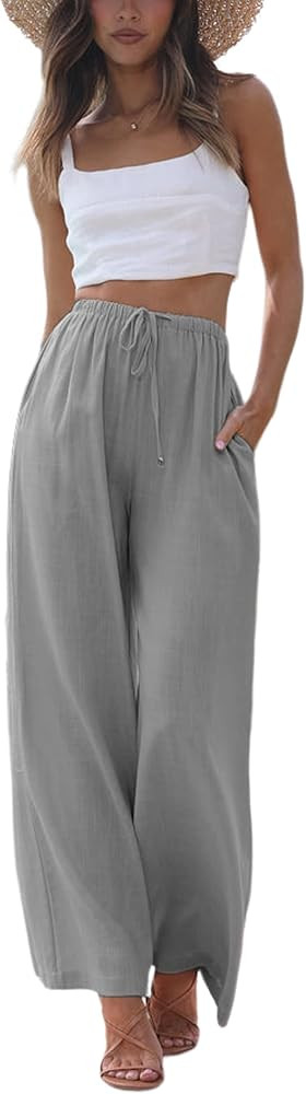 Faleave Women's Cotton Linen Summer Palazzo Pants Flowy Wide Leg Beach Trousers with Pockets | Amazon (US)