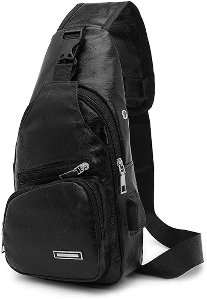 hostic Leather Sling Bag USB Charging Port Shoulder Chest Crossbody Backpack Outdoor(Black) | Amazon (US)