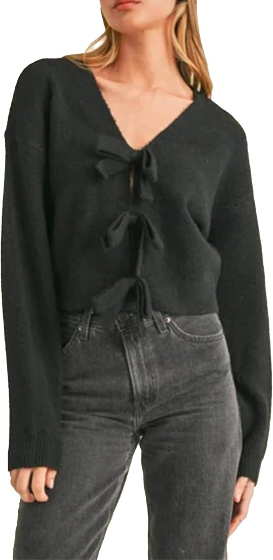 Womens Ribbon Bow Detail Knit Sweater Oversized Pullover Tie Front Long Sleeve Coat Top | Amazon (US)