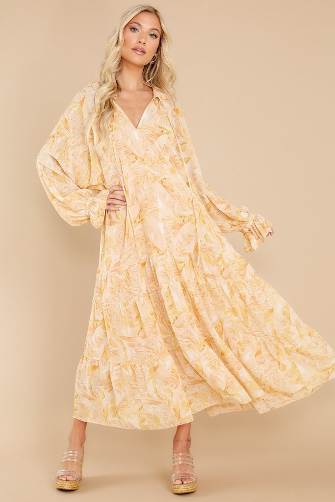 Strolling In The Sun Apricot Print Midi Dress | Red Dress 