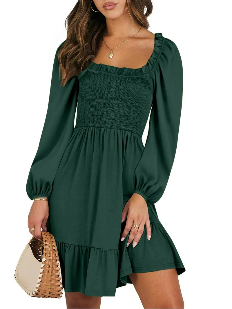 UVN Dresses for Women Casual Long Sleeve Square Neck Dress Ruffle Pleated Flowy Midi Dress | Walmart (US)