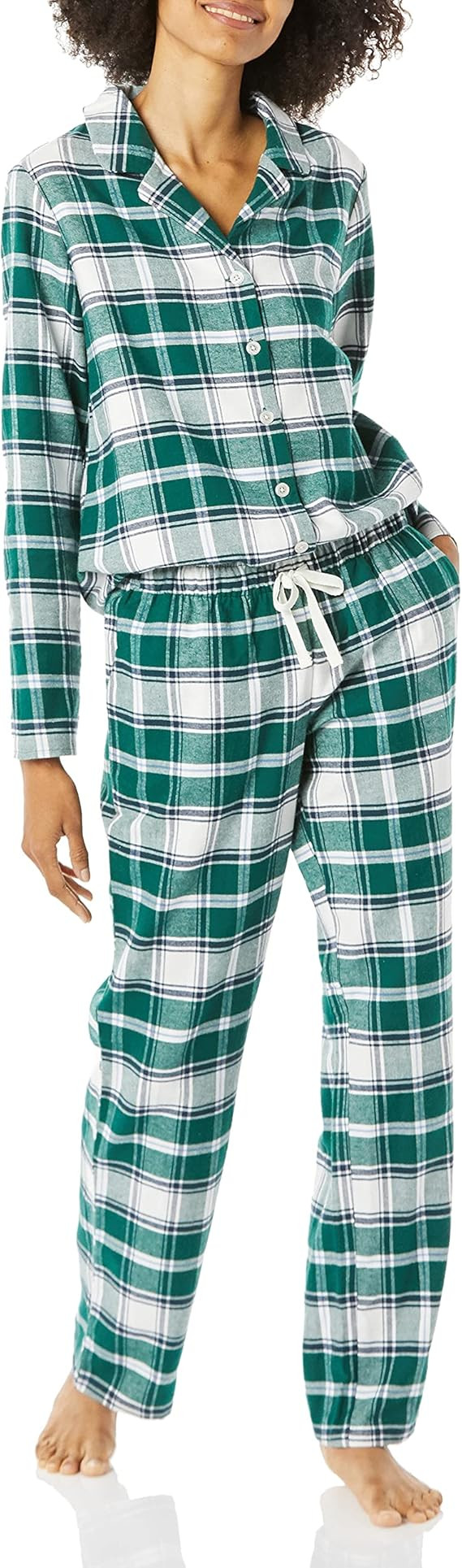 Amazon Essentials Women's Flannel Long-Sleeve Button Front Shirt and Pant Pajama Set | Amazon (US)