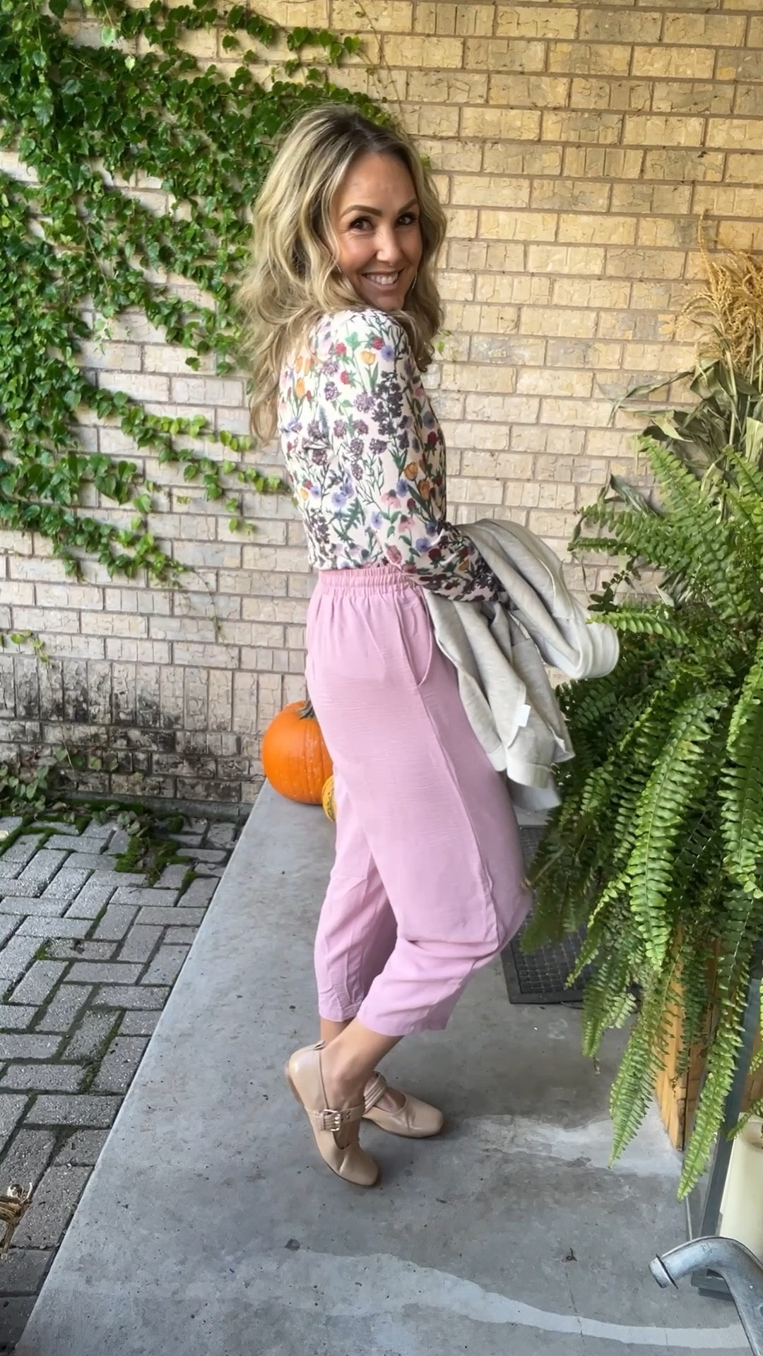 Pink in the Fall!!! Love it. 
Pink pants wearing M 
Floral long sleeve top wearing size L. I would suggest sizing up one or two sizes as it’s a super tight fit. Normally I am a S/M in tops but I needed a L. 
Bomber jacket wearing size L 

#fallfashion #falloutfitideas #womenover40 #fallflorals

#LTKFindsUnder50 #LTKStyleTip #LTKOver40