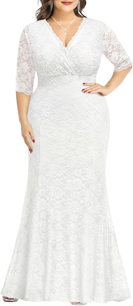 Wedding Dresses for Bride Plus Size - Mermaid Formal Evening Gown Wrap Neck Lace Dress | Amazon (US)