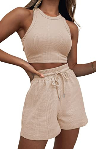 KDF Two Piece Outfits for Women Sleeveless Crop Top and Shorts Two Piece Lounge Sets for Women Color Beige | Amazon (US)