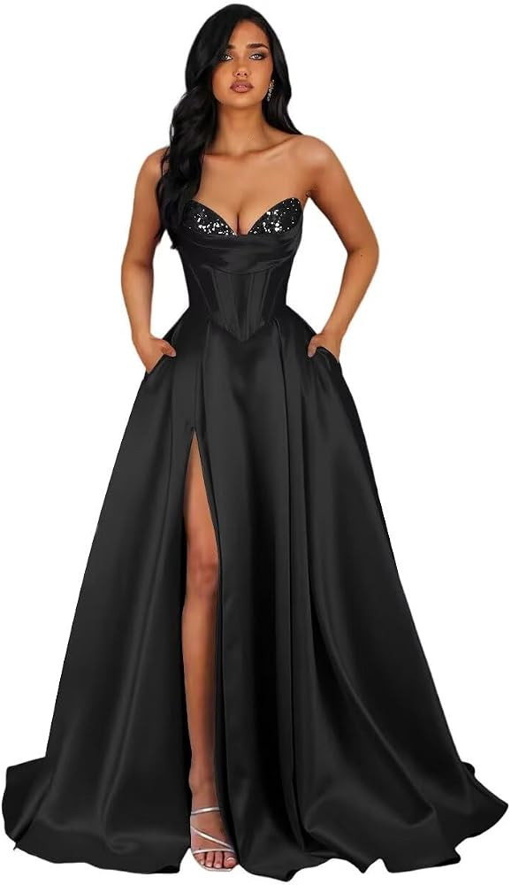 Strapless Sequin Prom Dresses Long with Slit Corset Satin Formal Party Dress AS015 | Amazon (US)