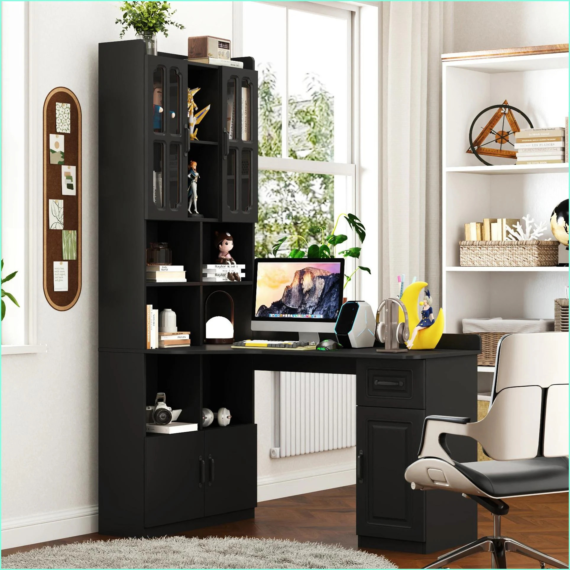 SunJet Desks Modern L Shaped Corner Computer Desk with Drawers Bookshelf Hutch Large Workspace Black Particle BoardMDF | M0F5CME2ZY53U | Lowe's