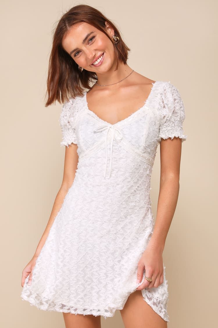 White Textured Ribbon Puff Sleeve Mini Dress | White Summer Dress | White Dress Mini | Lulus