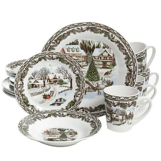 Gibson Christmas Toile 16 Piece Ceramic Dinnerware Set - Walmart.com | Walmart (US)