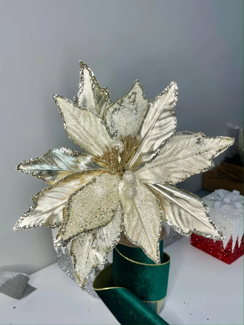 Metallic Champagne Frosted Beads Poinsettia Christmas Stem Spray 12'' Set of 3 - Etsy | Etsy (US)
