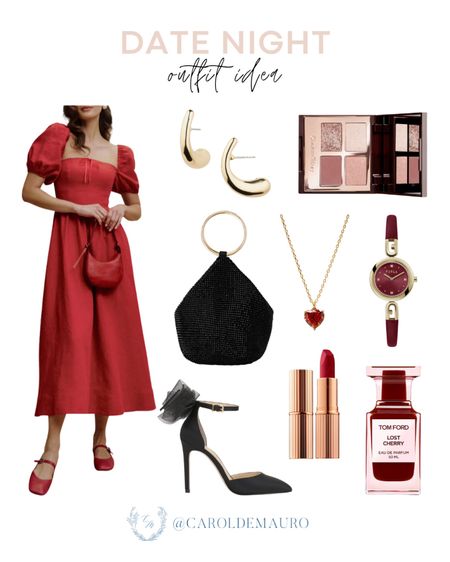 Make your date night extra special with this red midi dress paired with a black rhinestone purse, stylish heels, gold earrings and more!
#petitestyle #outfitidea #dinnerdate #beautypicks 

#LTKStyleTip #LTKSeasonal #LTKShoeCrush