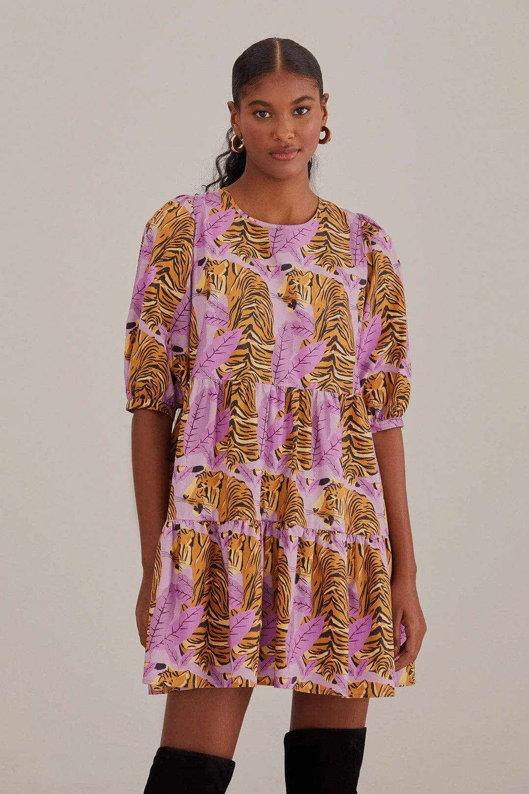 Lavender Tiger Leaves Puff Sleeve Mini Dress | FarmRio (US)