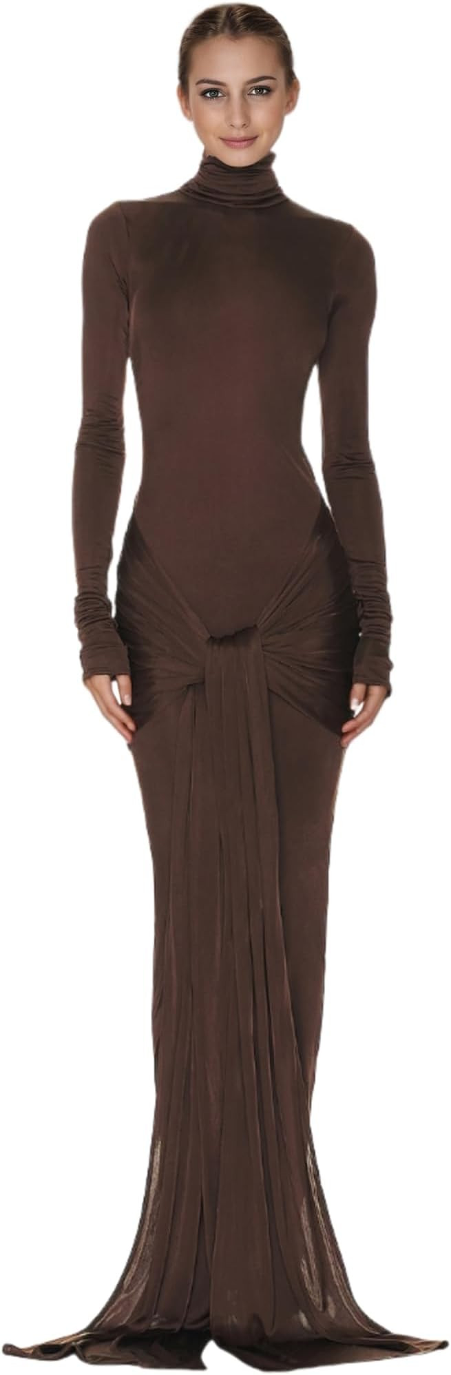 JUMISEE Women's Sexy High Neck Long Sleeve Maxi Dress Elegant Tie Waist Bodycon Long Dress Cockta... | Amazon (US)