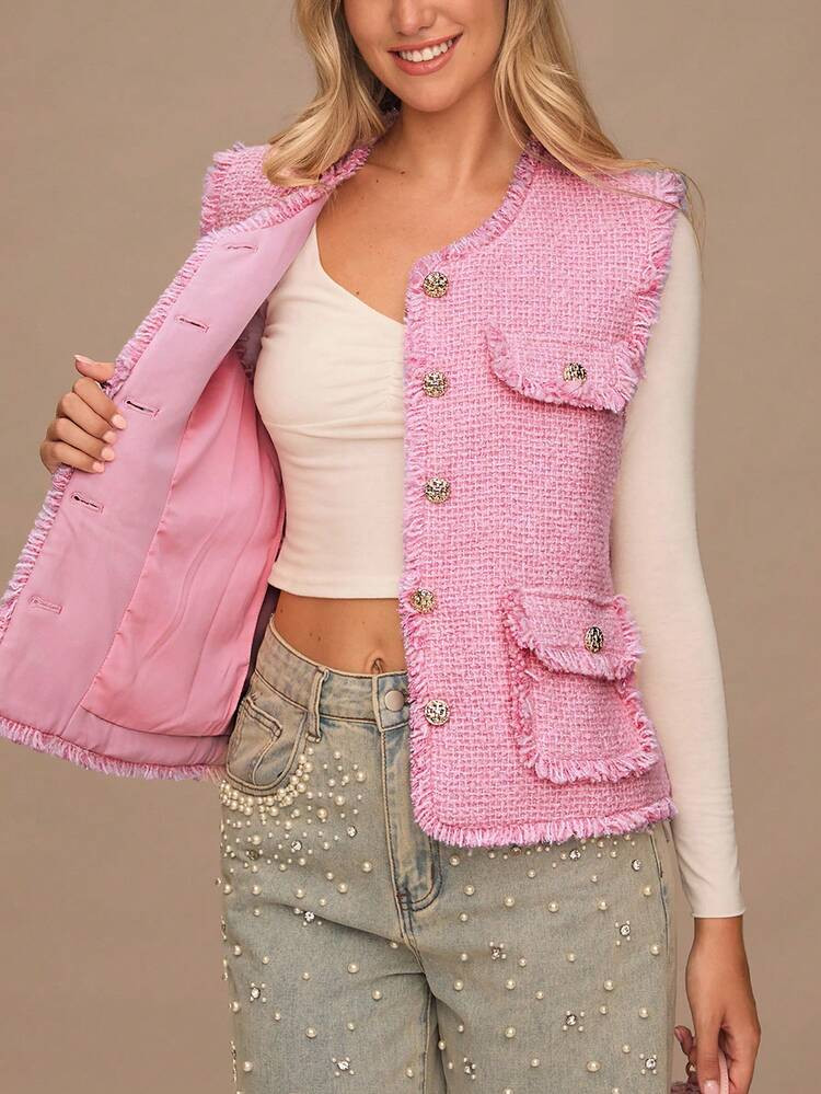 Enchnt Fall/Winter Romantic Women's Elegant Pink Metal Single-Breasted Fringe Elegant Tweed Vest Jacket,Sweet&Elegant&Fashionable For Date&Holiday&Birthday&Office,Fall Jacket For Women,Autumn Clothes | SHEIN
