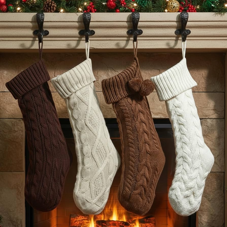 4 Pack Cable Knit Christmas Stockings 18 Inch Farmhouse Large Rustic Neutral Knitted Stockings Or... | Amazon (US)