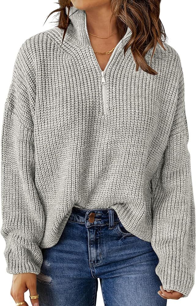 MEROKEETY Women's 2023 Long Sleeve Chunky Knit Sweaters 1/4 Zip Polo V Neck Casual Pullover Tops | Amazon (US)