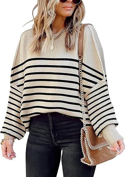 Womens Oversize Knit Striped Sweater Crewneck Long Sleeve Side Slit Batwing Ribbed Pullover Sweat... | Amazon (US)