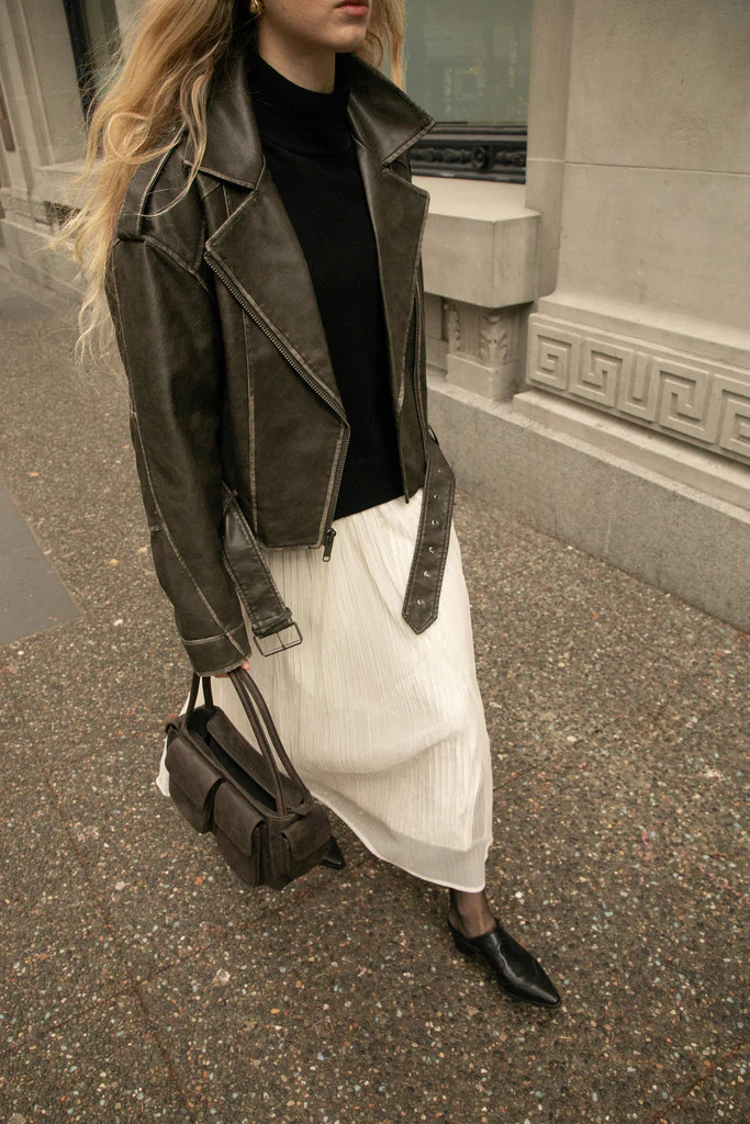 CROPPED VEGAN LEATHER MOTO JACKET | OAK + FORT