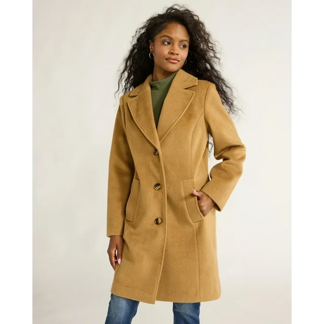 Time and Tru Women's and Women's Plus Faux Wool Solid Button Front Coat, Sizes XS-3X | Walmart (US)