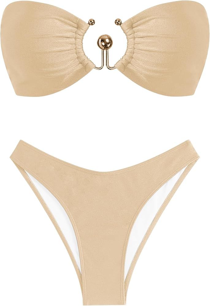ZAFUL Womens Bandeau Bikini Set Metallic Sparkly O Ring Lace Up High Cut Tanga Sexy Bathing Suit ... | Amazon (US)