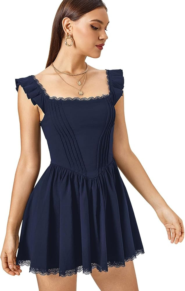 GLNEGE Women's Square Neck Mini Corset Dress Short Ruffle Sleeve A Line Cute Trendy Party Dresses | Amazon (US)
