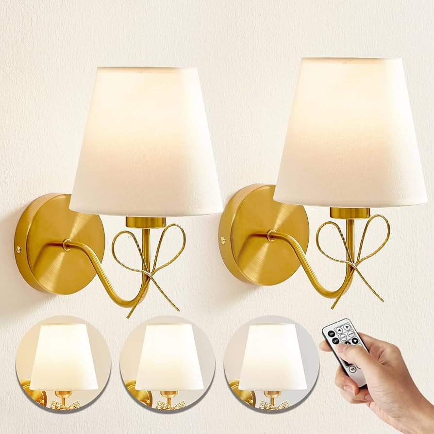 Battery Operated Wall Sconces Lights Set of Two Remote Control, Antique Brass Bow Sconces Recharg... | Amazon (US)