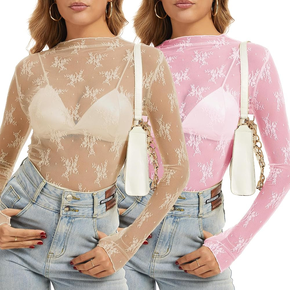 Women's Long Sleeve Lace Tops Mesh Tops Sheer Layering Top Sexy Mock Neck Floral See Through Shir... | Amazon (US)