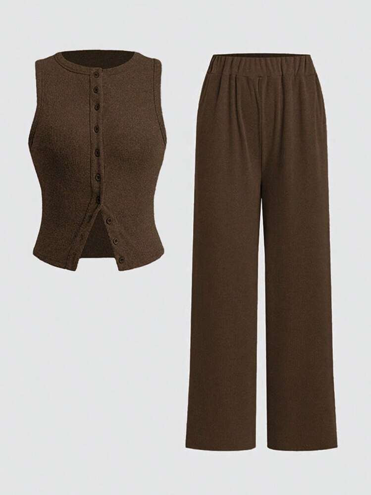 KatchMe Women's Minimalist Sleeveless Button-Up Tank Top & Wide Leg Trousers Co-Ord, Spring & Sum... | SHEIN