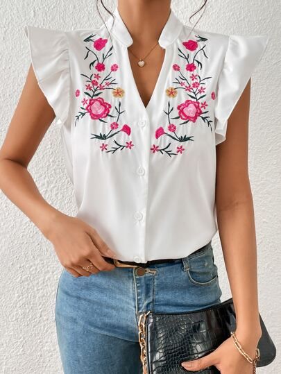 Floral Embroidery Button Front Butterfly Sleeve Blouse SKU: sw2212136215351563(1 Reviews)New$9.99... | SHEIN