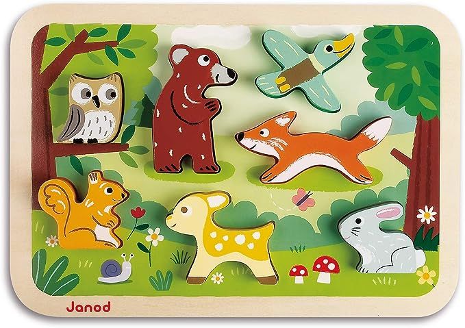 Janod Chunky Stand Up Puzzle - 7 Piece Colorful Wooden Forest Animal Themed Jigsaw Puzzle - Encou... | Amazon (US)