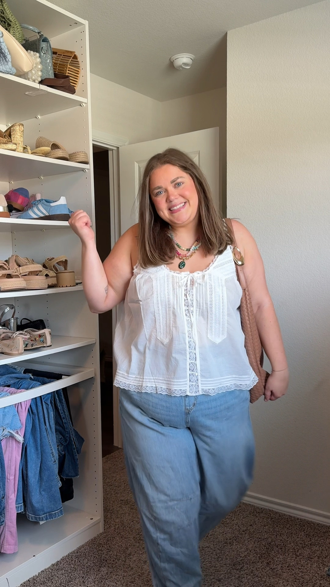 $20 Amazon bra I can’t stop wearing. Size xxl. Wearing size 2 (18/20) in lace top and barrel jeans. Jelly flats  

#LTKPlusSize #LTKFindsUnder50