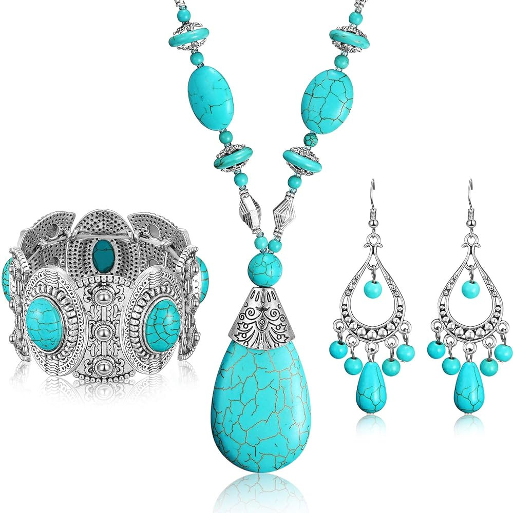 3 Pieces Bohemian Turquoise Jewelry Set for Women - Western Pendant Necklace, Vintage Dangle Earr... | Amazon (US)