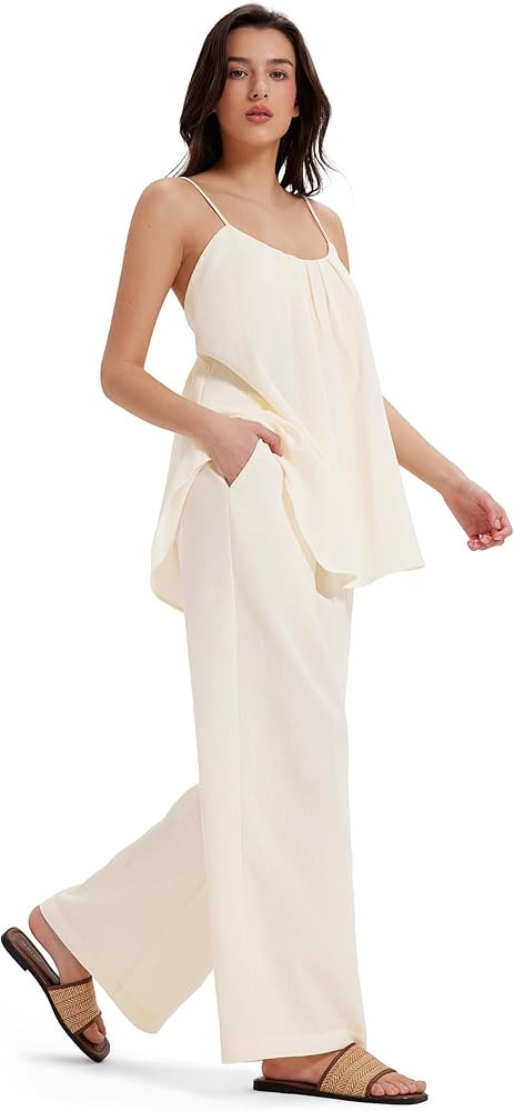 MOOSLOVER Women Linen Summer Two Piece Sets Backless Lounge Outfits Sets Travel Beach Vacation Cl... | Amazon (US)