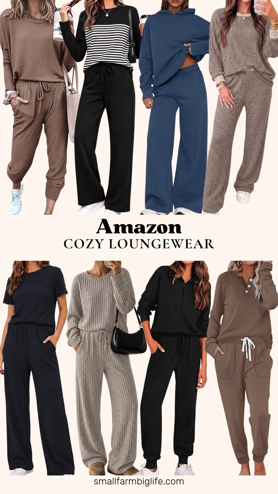 ☕ Amazon Cozy Loungewear

Matching lounge sets are the easiest way to feel put together while staying cozy all fall, and these Amazon sets work for lounging at home, travel days, and quick errands. Choose a light brown button down sweatshirt and sweatpants set, a navy waffle knit set with a short sleeve top and wide leg pants, or a black and white striped two piece set. For a quiet luxury look, the coffee heather and oatmeal heather sweater knit sets are soft and polished. For travel, there's a light brown track suit with a long sleeve tee and joggers, a black ribbed knit set with a zip up sweatshirt, and a dusty blue oversized hoodie with baggy wide leg sweatpants. Most of these sets have pockets and stretchy, comfortable fabric, so they're great for airport outfits, holiday travel, and cozy weekends at home. Easy matching sets like these make comfortable fall outfits for women over 50, and they'd make a great gift too.

#amazonfashion #amazonfinds #loungeset #matchingset #cozyoutfits 

 #LTKgrwm #LTKootd #LTKOver40