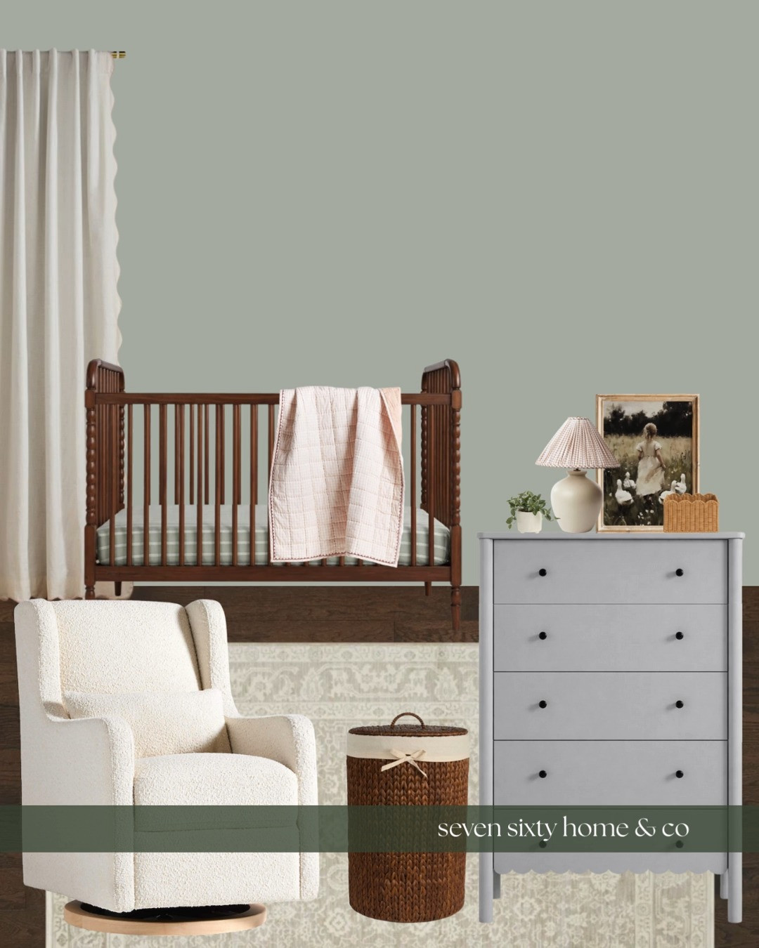 This nursery was designed to feel soft, grounded, and quietly timeless, with an emphasis on comfort and longevity rather than trend-driven styling.

Natural wood tones, gentle greens, and classic silhouettes create a space that feels calm from the very beginning — layered with pieces that can grow with the room over time. The palette stays neutral and warm, allowing texture and proportion to do the work instead of color alone.

It’s the kind of nursery meant for slow mornings, afternoon light, and pieces that feel just as at home years from now.

All sources are linked. 

 #LTKHome