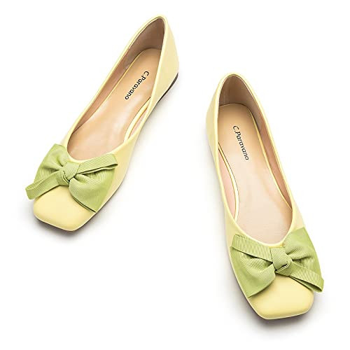 C.Paravano Women's Flats | Square Toe Shoes for Women | Womens Leather Shoes | Flats for Women Dressy | Yellow Flats Shoes | Slip On Ballet Flats (Size 9.5,New Yellow) | Amazon (US)