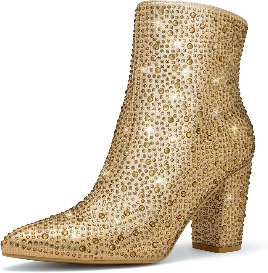 Rollda SUEDI Rhinestone Boots for Women, Sparkly Ankle Booties with Pointed Toe, Ladies Block Chu... | Amazon (US)
