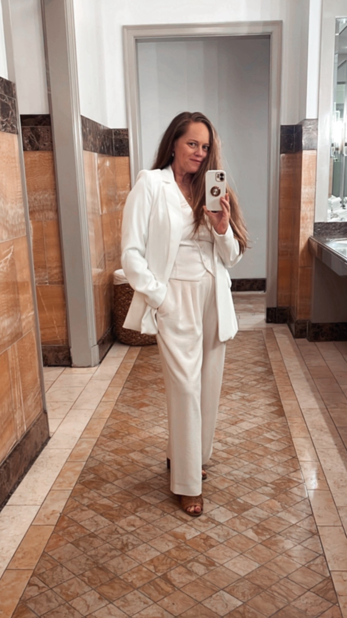 Date night outfit! 👉🏻 Wore cream colored slacks with pleats in the front. A white tuxedo vest and a lightweight white blazer. All paired with nude sandals. 

Went to dinner at Dante’s in Beverly Hills and it was great! 👏🏻

#holidayparty #datenight #ootd #outfit 

#LTKHoliday #LTKOver40 #LTKMidsize