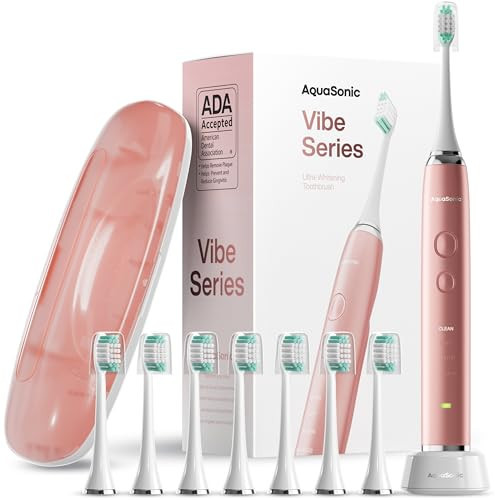 Aquasonic Vibe Series Ultra-Whitening Toothbrush – ADA Accepted Electric Toothbrush - 8 Brush Heads & Travel Case – 40,000 VPM Motor & Wireless Charging - 4 Modes w Smart Timer – Satin Rose Gold | Amazon (US)