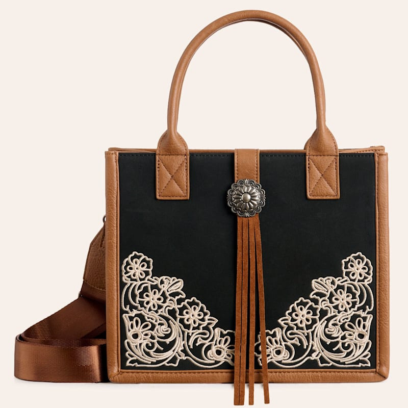 Justin Black Floral Embroidered Fringe Small Crossbody Tote Bag | Cavender's