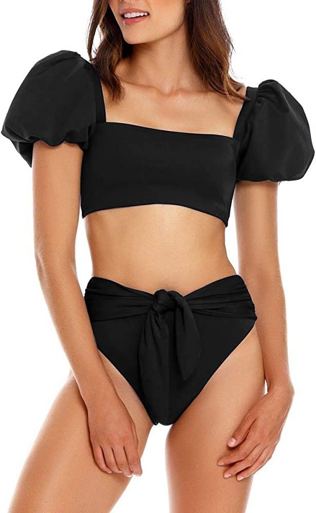 Fisoew Women's High Waist Bikini Sets Tie Knot Tummy Control Swimwear 2 Piece Swimsuits | Amazon (US)