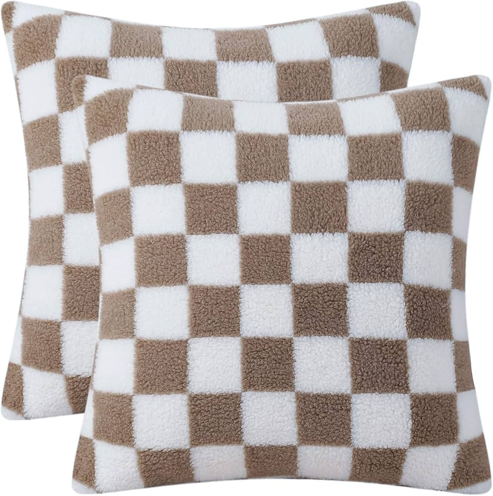 AmHoo Pack of 2 Decorative Throw Pillow Covers Checkerboard Luxury Super Soft Faux Fur Wool Set C... | Amazon (US)