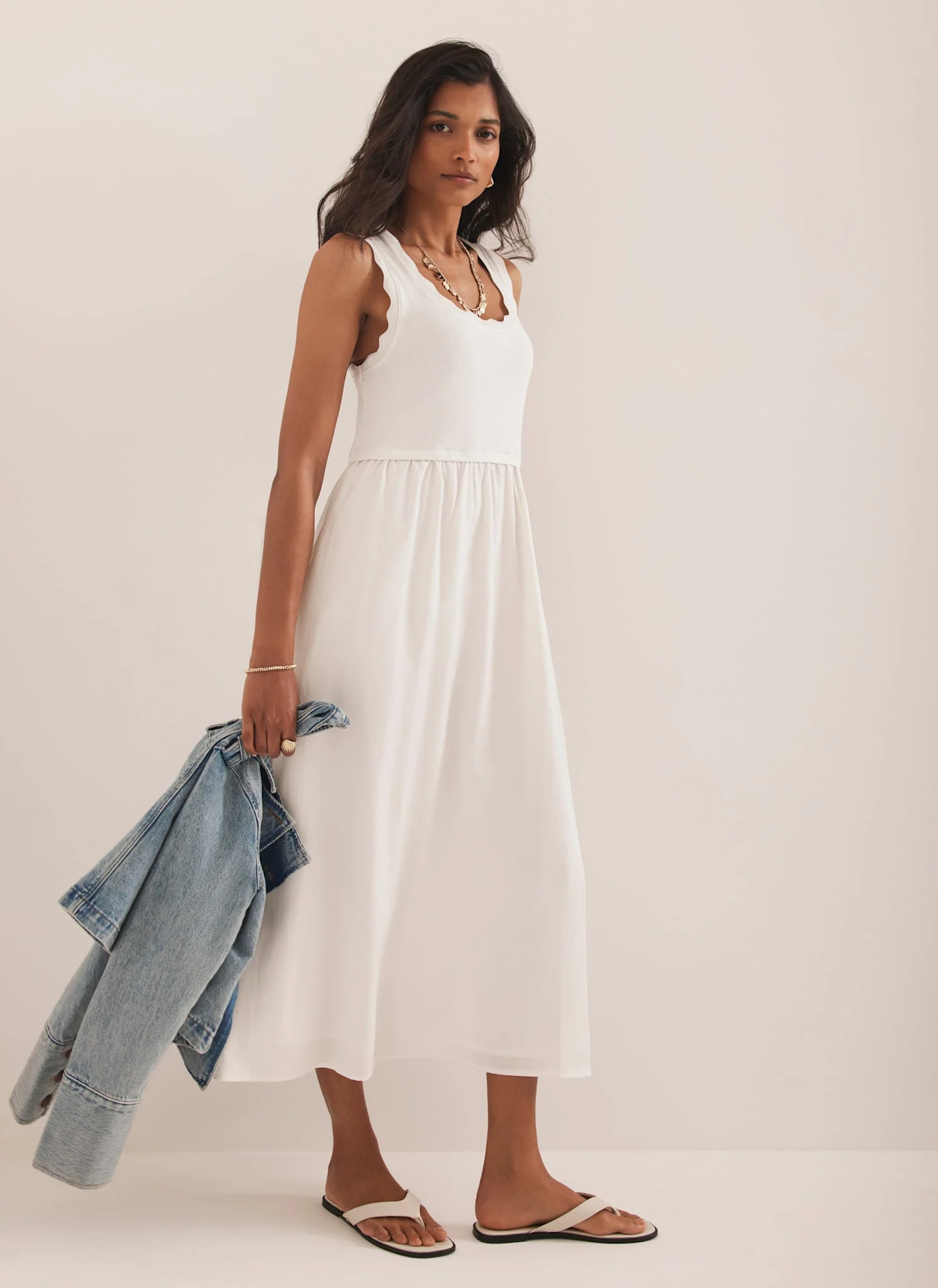 White Scallop Trim Midi Dress | Mint Velvet