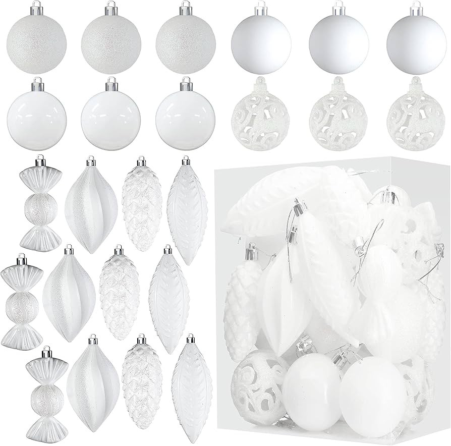 Prextex White Ornaments for Christmas Tree Decorations - Christmas Ball Ornaments - 24 pcs Shatte... | Amazon (US)