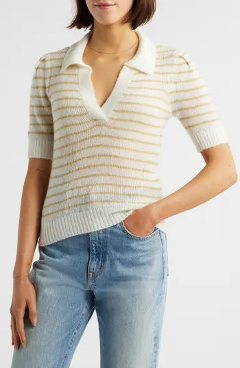 Pistola Billy Stripe Short Sleeve Johnny Collar Sweater in Pistachio Shell Stri at Nordstrom Rack, Size X-Large | Nordstrom Rack