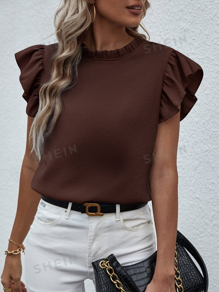 SHEIN LUNE Frill Neck Ruffle Trim Keyhole Back Blouse | SHEIN USA | SHEIN