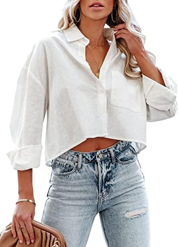 Womens Button Down Cropped Shirts Long Sleeve Casual Crop Tops Solid Lapel Blouse Shirt with Ches... | Amazon (US)