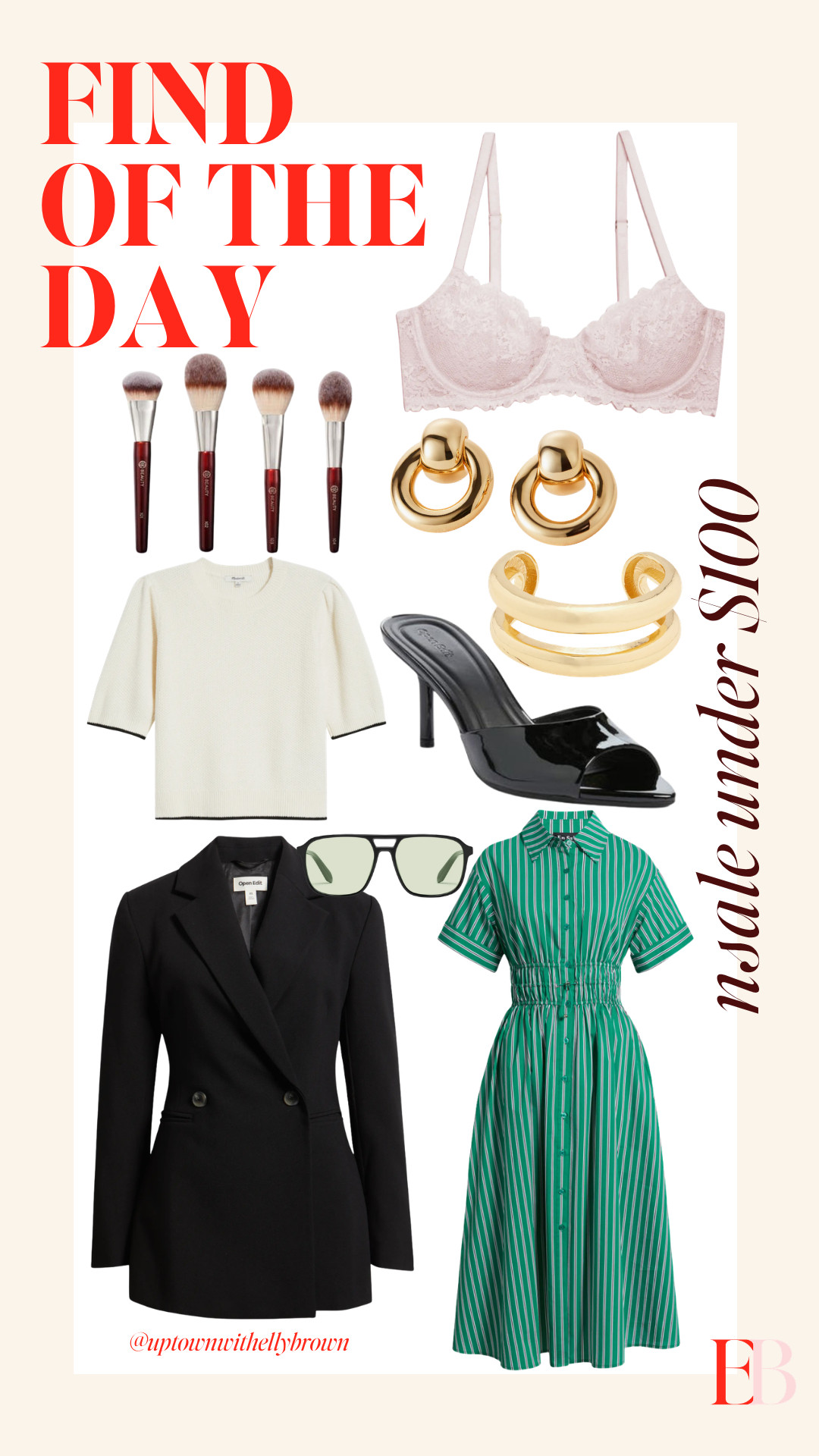 NSale finds under $100 that are actually worth it 🛍️🖤 a classic black blazer, that green striped shirt dress, gold earrings and cuff, black patent mules, a lace bra, makeup brushes, and a cream tee with the best trim detail - I rounded up only the good stuff so you don't have to scroll for hours. 

 