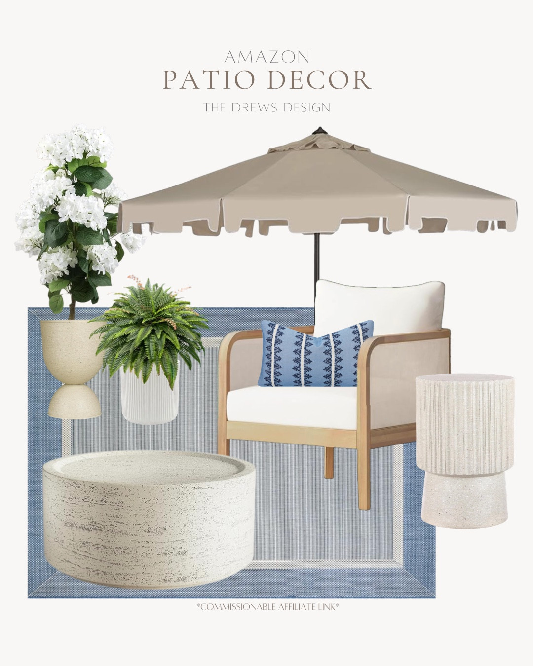 Amazon patio decor includes umbrella, accent chair, outdoor pillow, side table, coffee table, outdoor rug, planters, outdoor faux botanicals. 

Patio decor, home decor, looks for less, coastal decor

#LTKSeasonal #LTKvlog #LTKHome